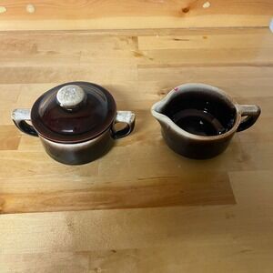 Vintage Brown Ceramic Sugar Bowl With Lid and Creamer Pitcher Set
